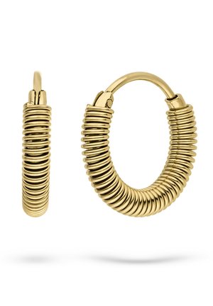 Goldene Creolen mit Spiralschlangendesign. Glatte metallische Oberfläche, runde Form und sicherer Verschluss zum Befestigen.
