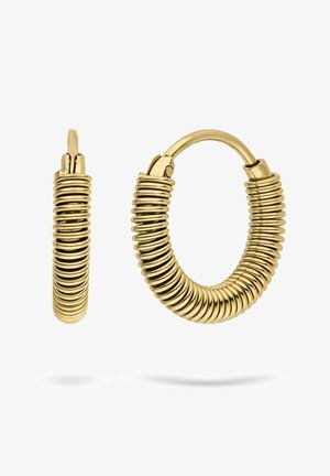 Gouden oorringen met een spiraalvormig spoeldesign. Gladde metalen afwerking, afgeronde vorm en een veilige sluiting voor bevestiging.