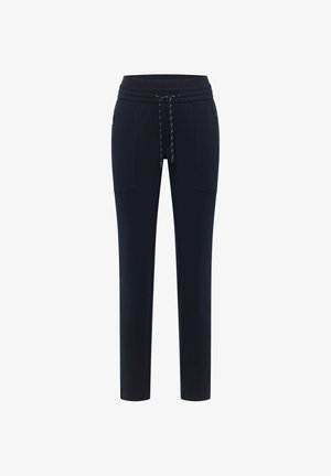 Pantaloni da jogging blu navy realizzati in tessuto morbido, con vita a coulisse, due tasche laterali e design a gamba affusolata.