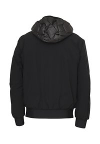 Giubbotto piumino nero con cappuccio trapuntato, polsini elasticizzati e orlo arricciato. Materiale esterno liscio con finitura opaca.