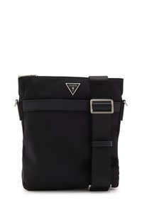 Schwarze Nylon-Umhängetasche mit verstellbarem Riemen, vorderer Reißverschlusstasche und dreieckigem Markenlogo. Glatte Textur und minimales Design.