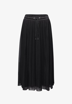Jupe midi noire plissée, taille élastique avec cordon de serrage, fabriquée en tissu léger semi-transparent superposé à une doublure opaque.