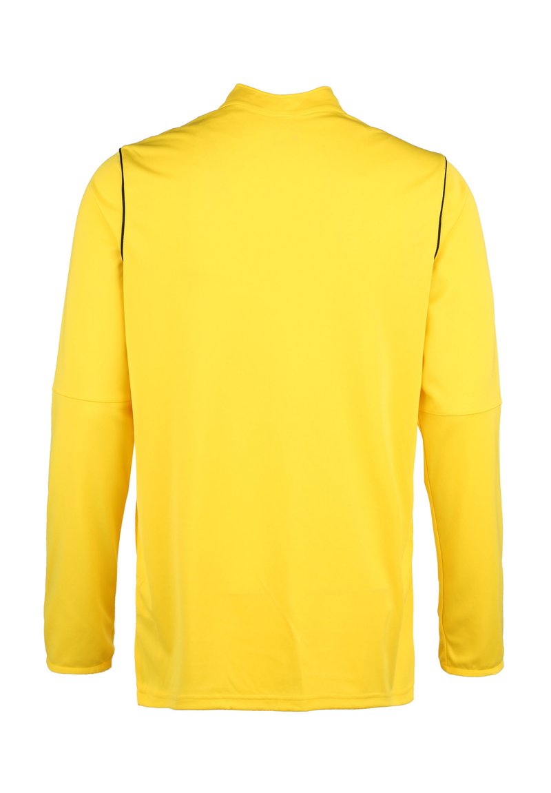 Maglia sportiva a maniche lunghe gialla con superficie testurizzata, dotata di piping nero lungo le cuciture delle spalle e un collo alto.