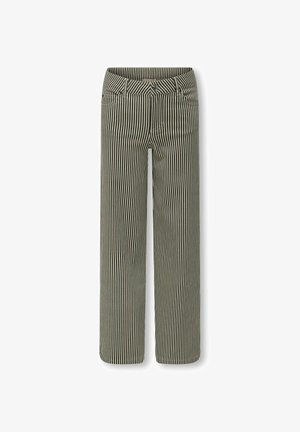 Crno-bijele vertikalne prugaste hlače ravnog kroja s prednjim džepovima, petljama za remen i zatvaranjem na gumb u struku.