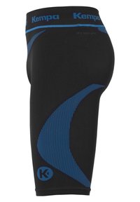 Shorts de compression noirs en tissu dry tech, avec des lignes d'accent bleues, un logo sur la jambe inférieure et une coupe ajustée.