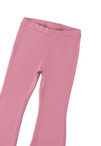 Leggings rosas con una cinturilla elástica, costuras planas y una textura suave. Presentan un diseño ajustado que se estrecha hacia el tobillo.