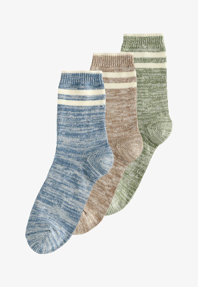 Three pairs of mid-calf knit socks in blue, brown, and green with two white stripes near the top.
