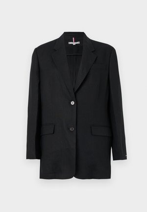 Schwarze Leinenblazer mit Reverskragen, durchgängiger Zwei-Knopf-Verschluss, vorderen Taschen und einer einzelnen Brusttasche. Minimalistisches Design und strukturierte Silhouette.