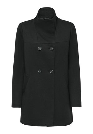 Manteau noir à double boutonnage avec col montant, quatre boutons, manches longues et deux poches latérales.