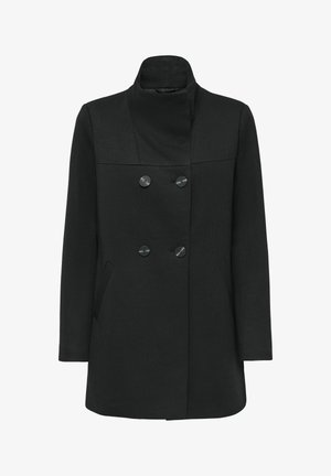 Manteau noir à double boutonnage avec col montant, quatre boutons, manches longues et deux poches latérales.