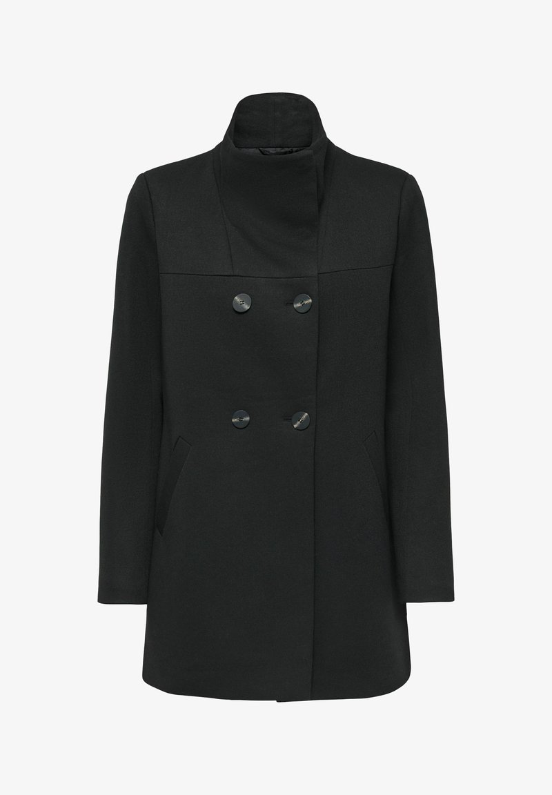 Manteau noir à double boutonnage avec col montant, quatre boutons, manches longues et deux poches latérales.