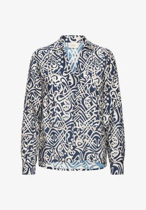 Granatowa bluzka z długim rękawem z białym abstrakcyjnym wzorem, kołnierzykiem i przodem bez guzików, z lekko zaokrąglonym dołem oraz fakturowanym materiałem.