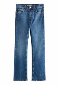 Jeans bootcut in denim blu medio. Presenta cinque tasche, chiusura con bottone e zip sul davanti, con leggero sbiadimento e un'apertura dritta sulla gamba.