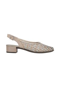 Chaussure bride arrière tressée beige et métallique avec talon bloc bas et bride réglable à boucle.