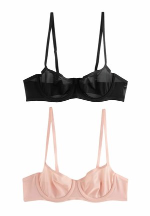 Two underwire sheer bras with thin straps, one in black and one in light pink, shown flat on a white background.