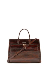 Brown crocodile-embossed leather handbag with dual top handles, a detachable shoulder strap, and a front zip pocket with gold hardware accents.