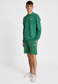 Grön bomullströja och matchande shorts. Tröjan har en ribbad rundhalsning och logotyp, shorts har fickor och elastisk midja.