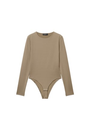 Body marrone talpa a manica lunga con scollo rotondo e chiusura a scatto all'altezza dell'inguine, mostrato su sfondo bianco.