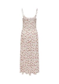 Robe midi blanche sans manches avec fines bretelles et imprimé floral rose, corsage froncé ajusté et jupe fluide.