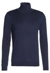 Mörkblå ribbad polotröja gjord av mjukt material. Har långa ärmar och en figurnära passform, lämplig för att bäras i lager eller som en stående outfit.