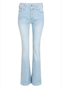 Jasnoniebieskie dżinsy w kształcie dzwonu, wykonane z denimu, z wysokim stanem, dwoma przednimi kieszeniami i subtelnymi miedzianymi guzikami. Gładka tekstura.