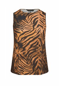 Ärmlös topp i orange med svarta tigerstrimmor, tillverkad av mjukt material. Har rund halsringning och en avslappnad passform.
