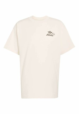 Crèmekleurig katoenen T-shirt met een klassieke ronde hals, korte mouwen en een klein zwart Adidas-logo gedrukt op de linkerborst.