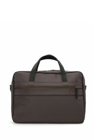 Sac d'ordinateur portable rectangulaire gris foncé avec poignées noires, poche zippée à l'avant et finition en tissu lisse sur un fond blanc.