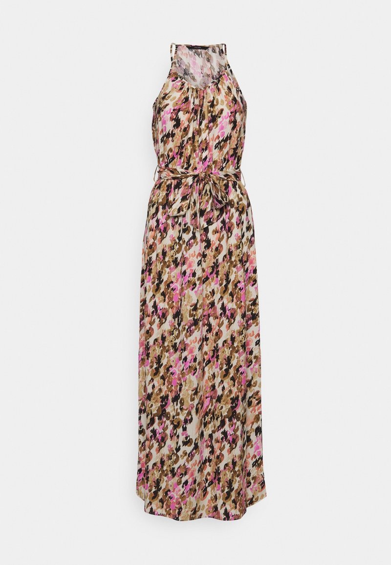 Robe maxi en tissu léger avec un motif floral dans des teintes de rose, marron et crème. Design à col halter avec un détail de lien à la taille.