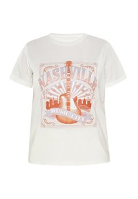 Valkoinen puuvillainen t-paita, jossa on graafinen kuvasto, jossa lukee "NASHVILLE" ja "MUSIC CITY", kuvitetun kitaran, kaupunkisyljen ja tähden kuvioita.