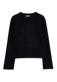 Zwarte cropped trui van breimateriaal, met een geribbelde halslijn en manchetten, lange mouwen en een ontspannen pasvorm.