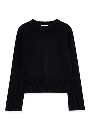 Pull noir court en matière tricotée, avec un col et des poignets côtelés, des manches longues et une coupe décontractée.