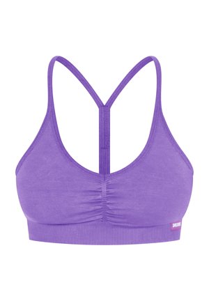 Paarse sport-beha met een racerback ontwerp, voorzien van een geplooid voorpaneel, zachte stof en een geribbelde band. Klein logo aan de zijkant.