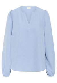 Blouse bleu clair à manches longues, décolleté en V et poignets froncés. Fabriquée en tissu texturé avec une coupe décontractée et un éclat subtil.