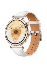 Round watch with a gold-tone dial and white leather strap. Features a circular pattern, 3D markers, and a brown leather underside.