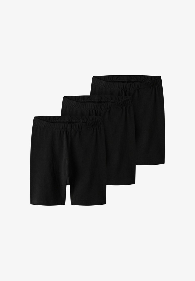 Black cotton boxer shorts in a pack of three. Features an elastic waistband and a smooth, soft texture. Classic design with no patterns.