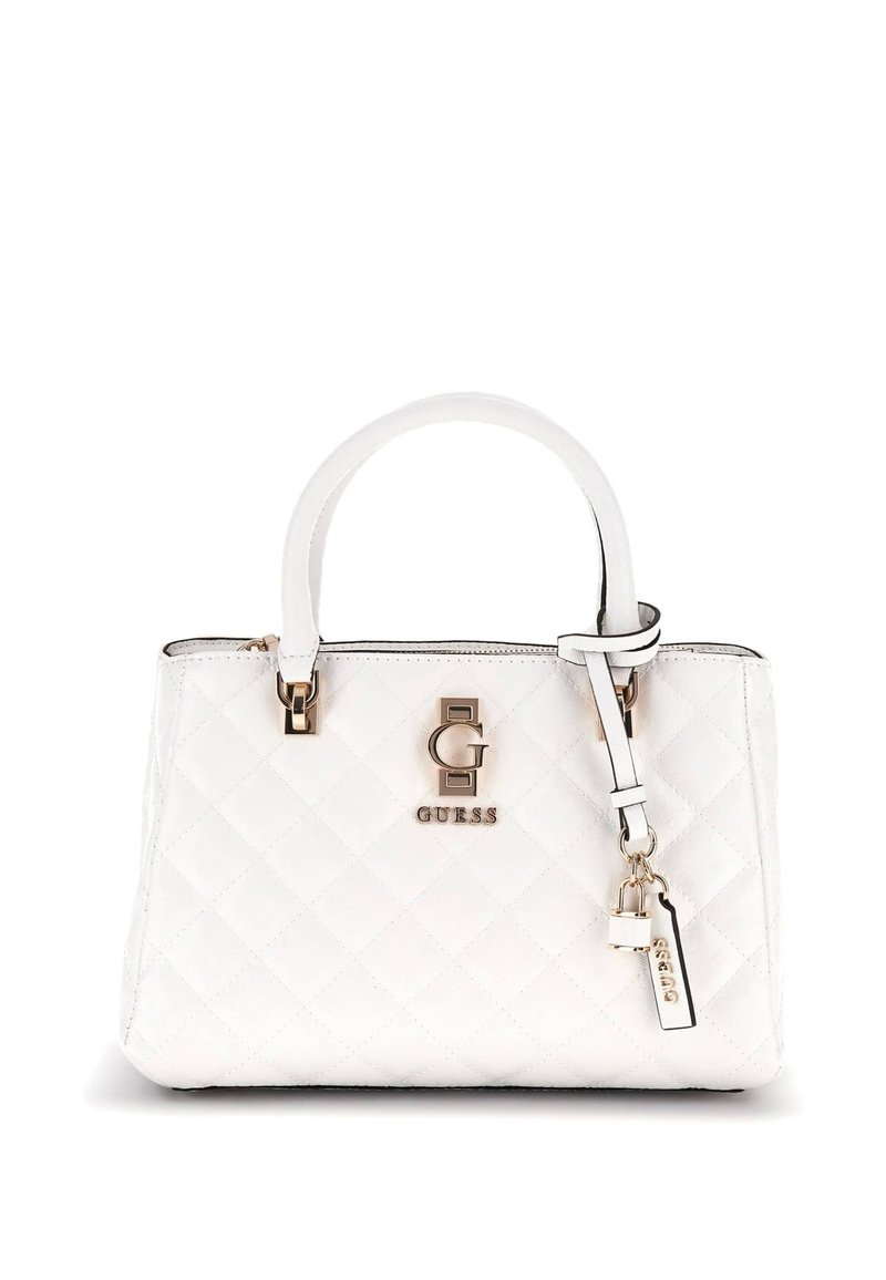 Borsa a tracolla bianca trapuntata con hardware dorato, caratterizzata da un logo prominente, una tracolla removibile e una forma strutturata. Texture liscia.