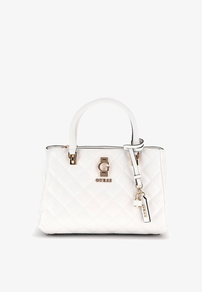 White quilted handbag with gold-tone hardware, featuring a prominent logo, a detachable strap, and a structured shape. Smooth texture.