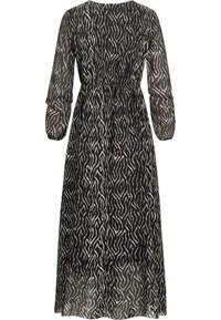 Long black and white dress made of lightweight, sheer fabric with a wavy pattern, featuring long, gathered sleeves and an elastic waistline.