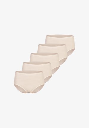 Vijf beige damesonderbroeken met hoge taille, diagonaal gerangschikt op een witte achtergrond.