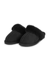 Black slippers made from soft suede, featuring a plush fur trim around the opening, with a flat rubber sole and stitched detail.