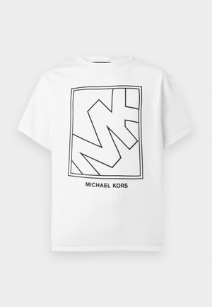 Bílé bavlněné tričko s černým geometrickým logem uvnitř obdélníkového rámečku a nápisem "MICHAEL KORS" pod ním.
