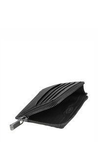 Portafoglio in pelle nera con chiusura a zip, dotato di molteplici scomparti per carte, texture liscia e sottili dettagli di cucitura. Design compatto.