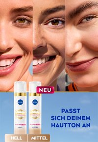 NIVEA Luminous CC Fluid, two bottles labeled "HELL" and "MITTEL," displayed with smiling faces showcasing diverse skin tones and textures.