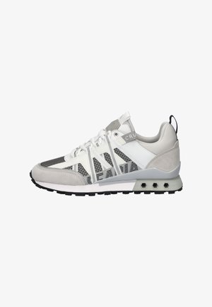 Light gray and white athletic shoes with mesh and suede materials, featuring a textured patterned design, thick sole, and pull tab.