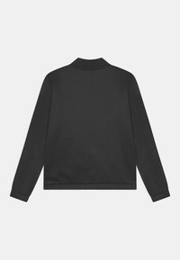 Giacca a sudore nera con colletto, maniche lunghe e polsini elasticizzati. Tessuto liscio e design minimalista, mostrata da dietro.