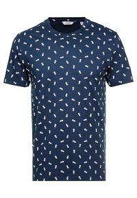 Camiseta de algodón azul marino con cuello redondo y mangas cortas. Presenta un patrón repetido de piñas blancas por todo el tejido. Textura suave.