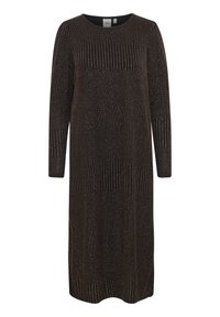 Abito a maglia nera scintillante con maniche lunghe, caratterizzato da costine verticali, scollatura tonda e una vestibilità morbida. Tessuto morbido e lunghezza a metà polpaccio.
