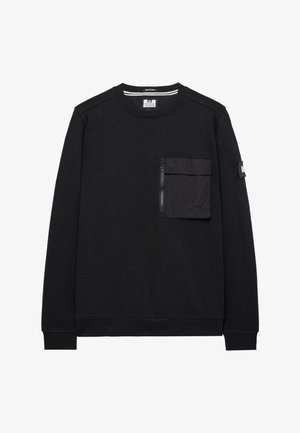 Hanorac negru cu mâneci lungi și guler rotund. Include o buzunar cu fermoar în față și un material texturat. Croială clasică cu manșete ribbate.