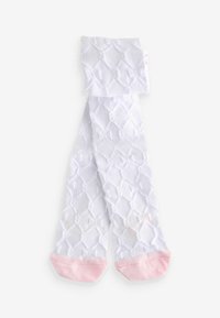 Calzini bianchi con texture che presentano un motivo a diamante, con morbidi polsini rosa chiaro alle estremità. Il materiale sembra lavorato a maglia e leggero.